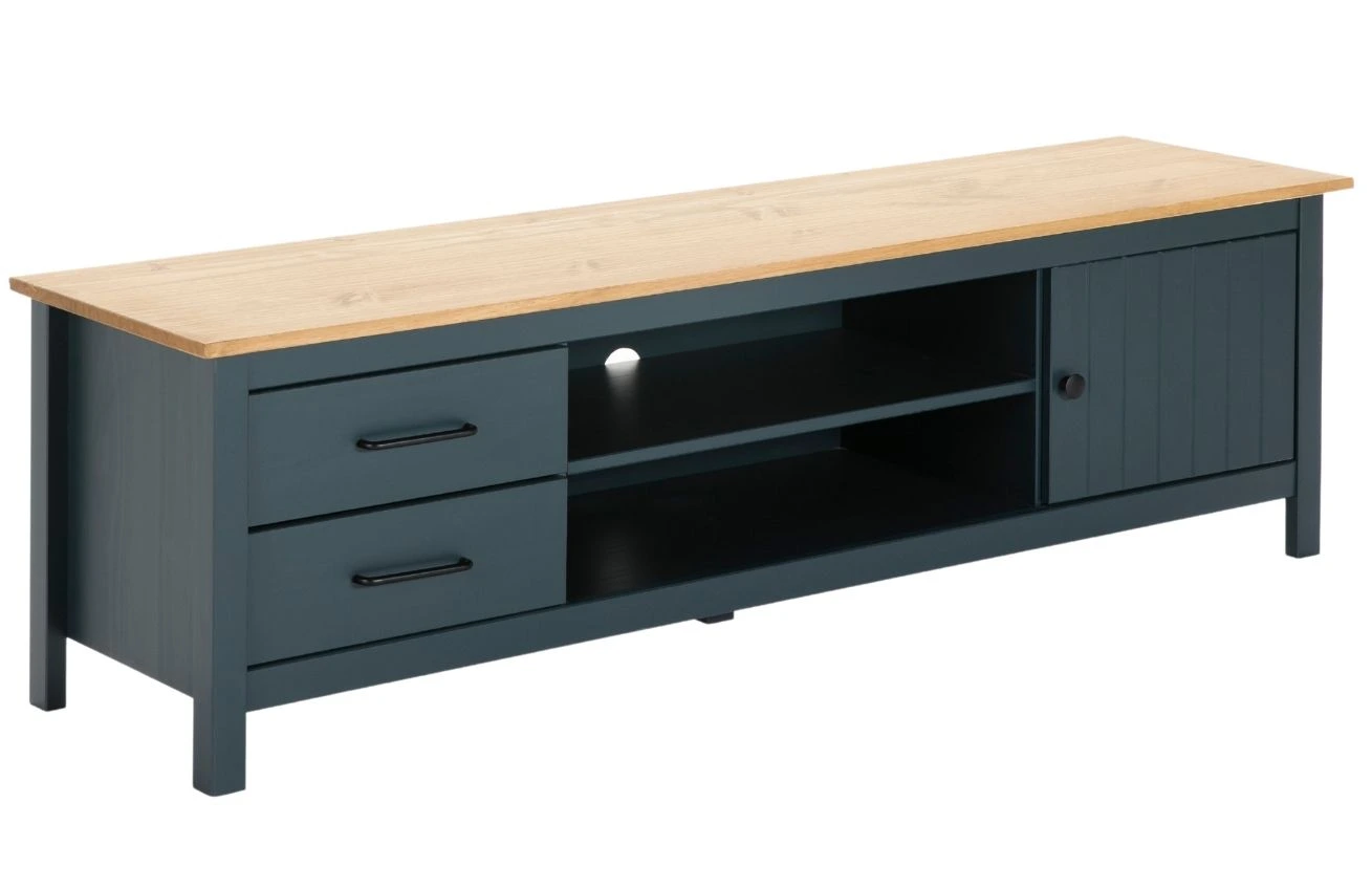 Modrošedý borovicový TV stolek Marckeric Miranda 158 x 40 cm