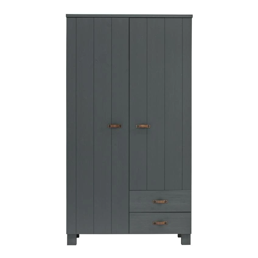 WOOOD Ocelově šedá borovicová šatní skříň se zásuvkami Koben 202 x 111 cm II.