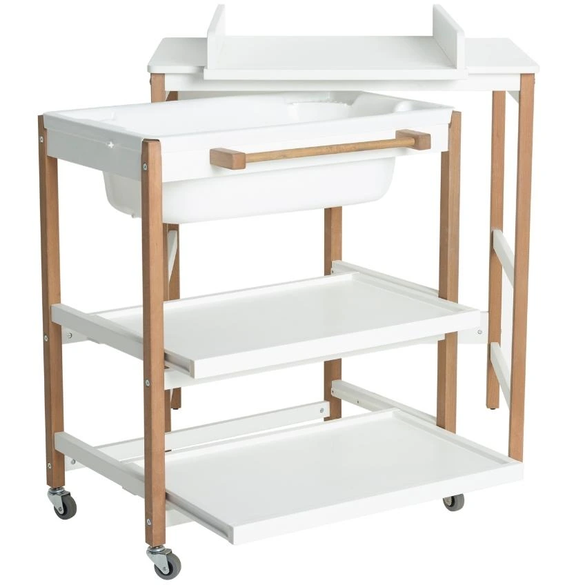 Bílý přebalovací pult s vaničkou Quax Smart s bukovou podnoží 82 x 91 cm