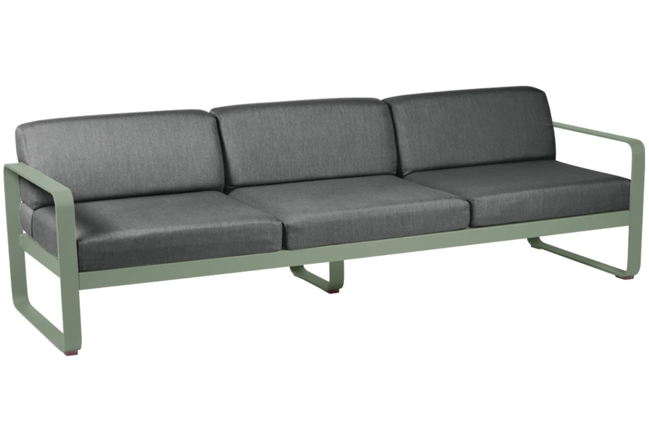 Tmavě šedá čalouněná zahradní pohovka Fermob Bellevie 235 cm s kaktusově zelenou podnoží