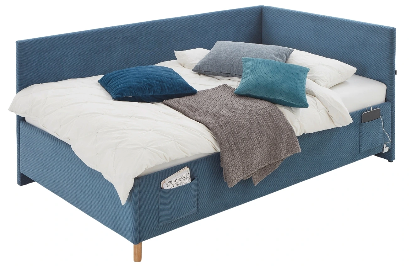 Modrá manšestrová postel Meise Möbel Cool II. 140 x 200 cm